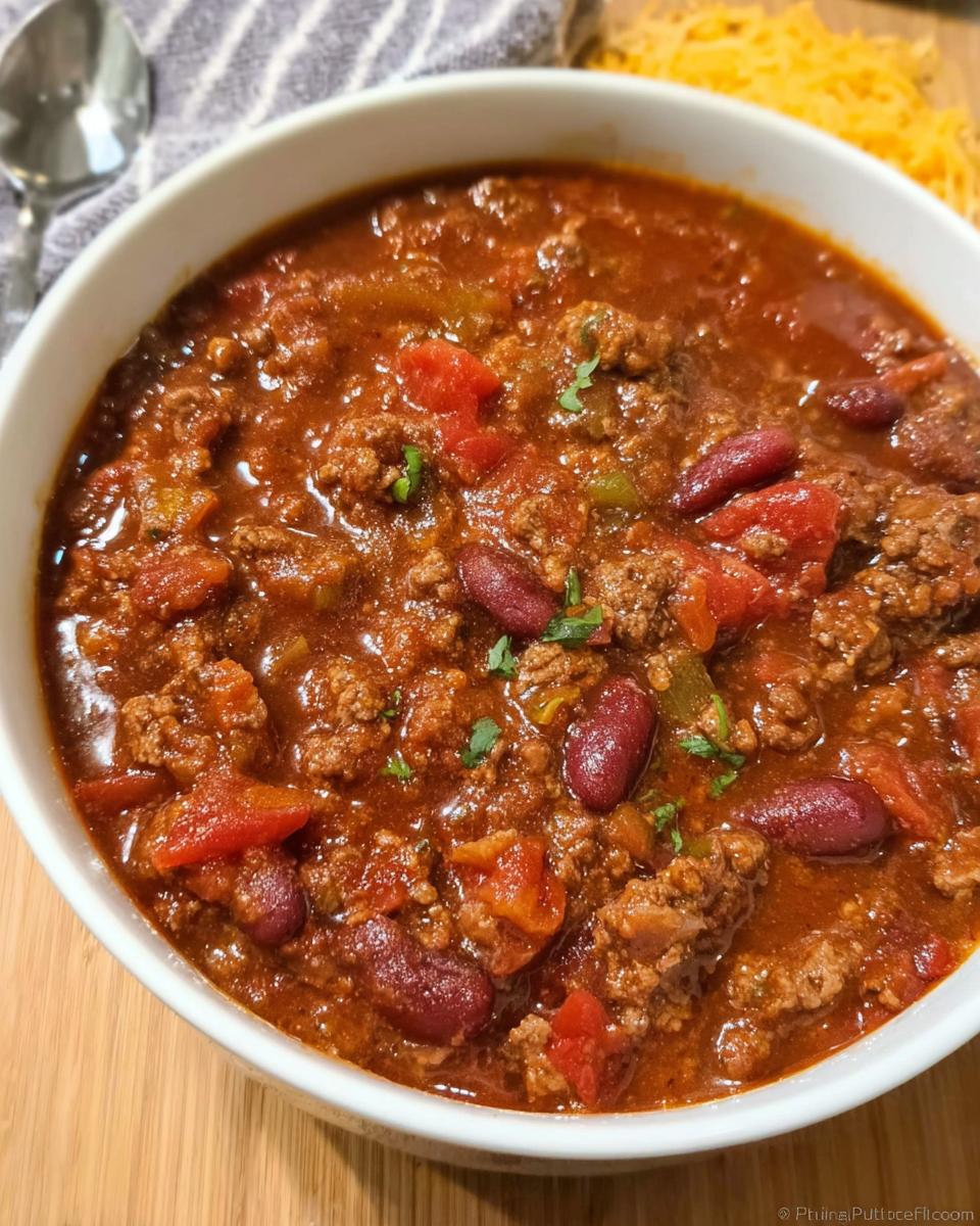 Close-up of a bowl filled with rich Classic Beef and Bean Chili, featuring ground beef, kidney beans, and tomatoes.