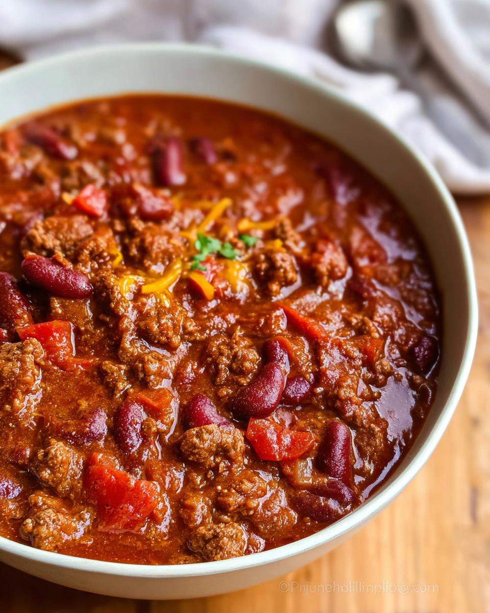 Close-up of a bowl filled with rich Classic Beef and Bean Chili, featuring ground beef, kidney beans, and a sprinkle of cheese.