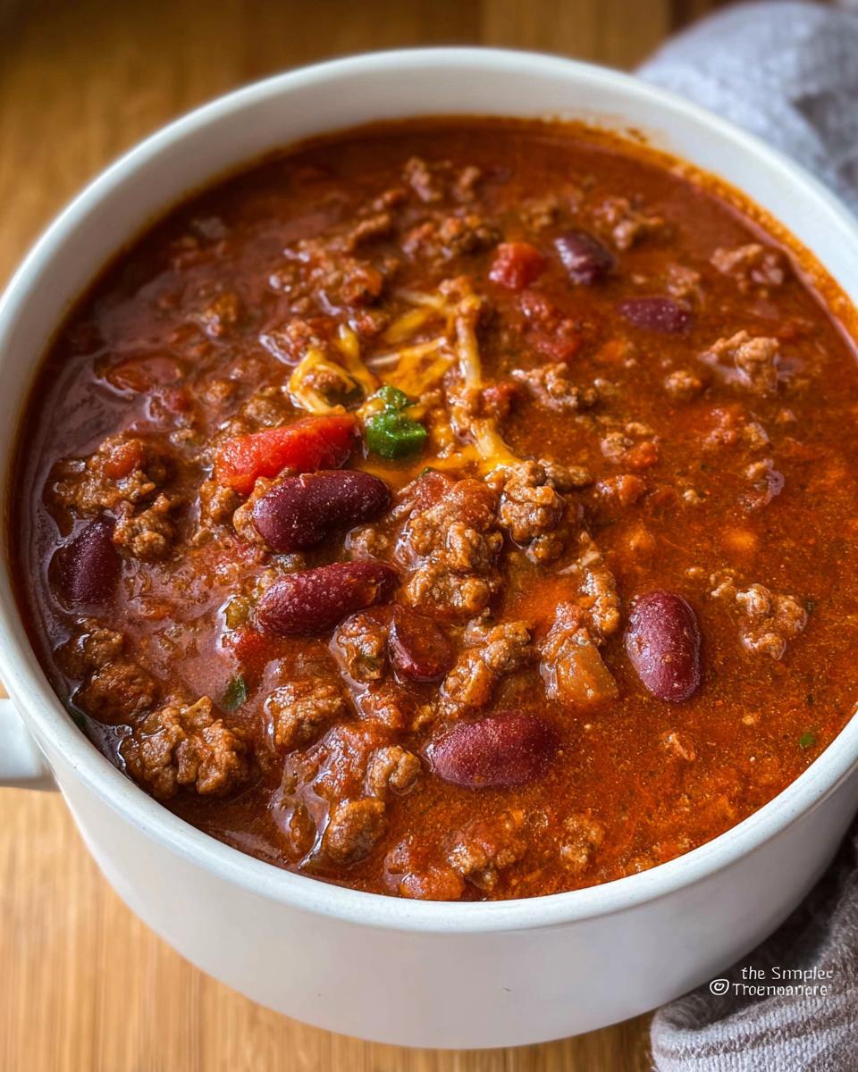 Close-up of a steaming bowl of Classic Beef and Bean Chili, rich red in color with ground beef and kidney beans.