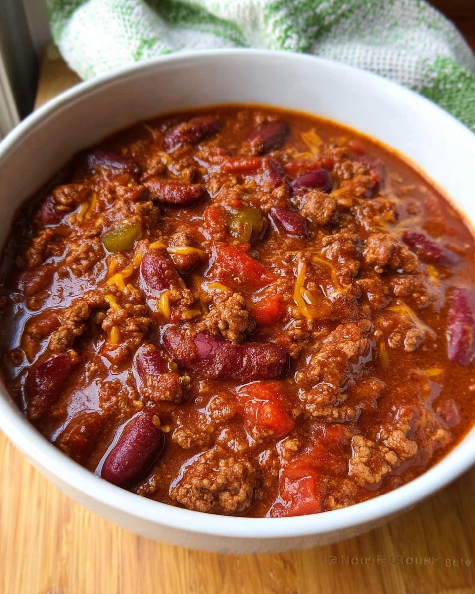 Close-up of a white bowl filled with rich, steaming Classic Beef and Bean Chili, featuring ground beef, kidney beans, and melted cheese.