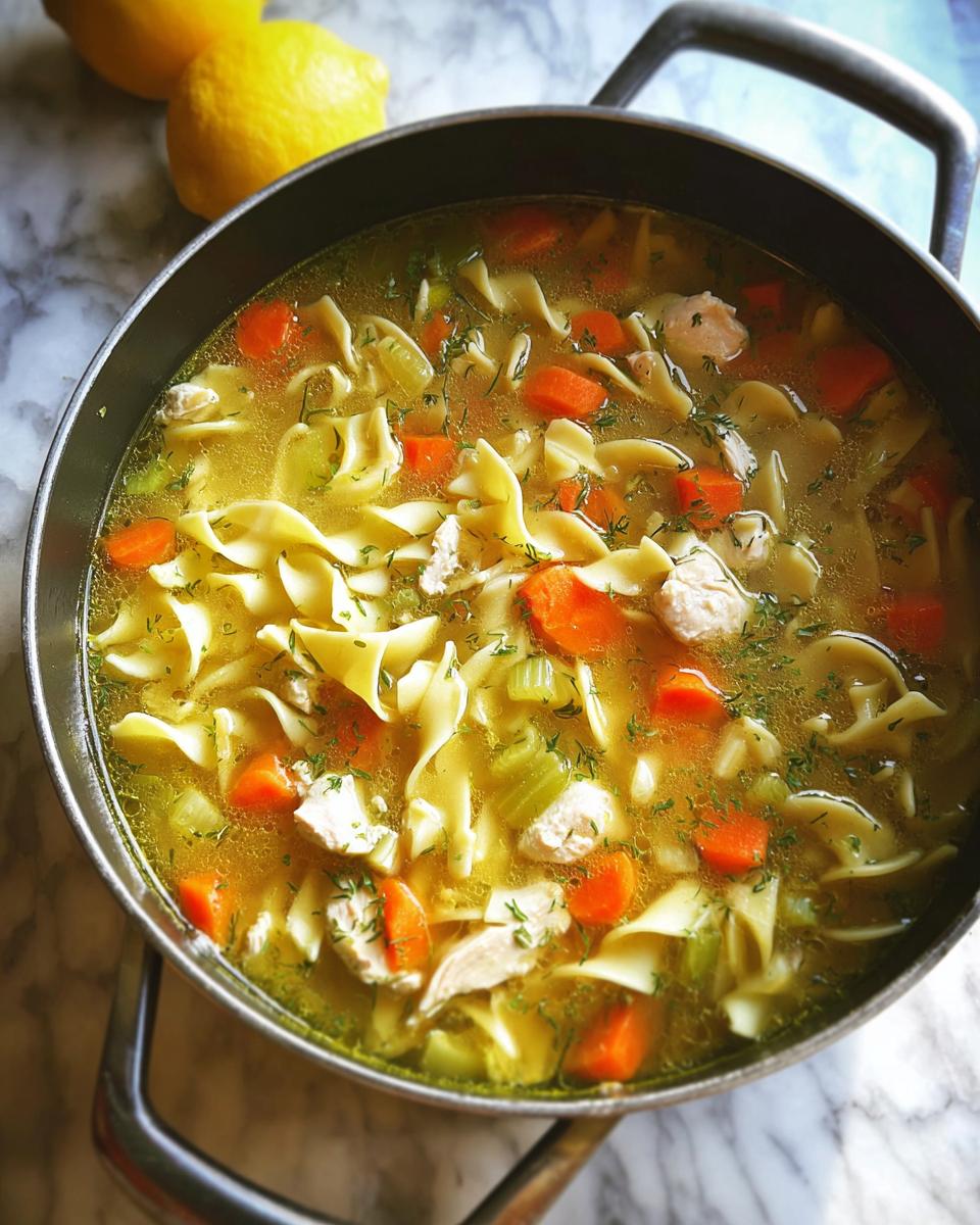 Close-up overhead view of Classic Homestyle Chicken Noodle Soup simmering in a pot, featuring egg noodles, carrots, celery, and chicken.