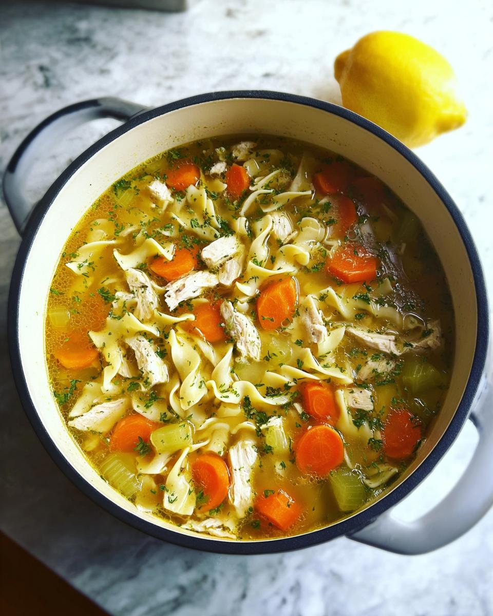 Overhead view of Classic Homestyle Chicken Noodle Soup in a Dutch oven, featuring noodles, carrots, chicken, and celery.