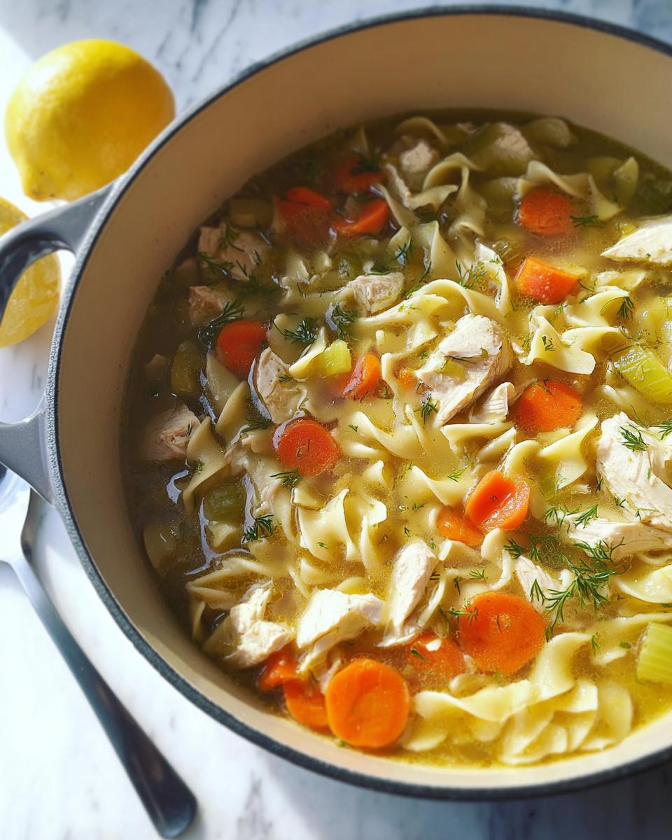 Close-up of Classic Homestyle Chicken Noodle Soup filled with egg noodles, shredded chicken, carrots, and celery in a pot.