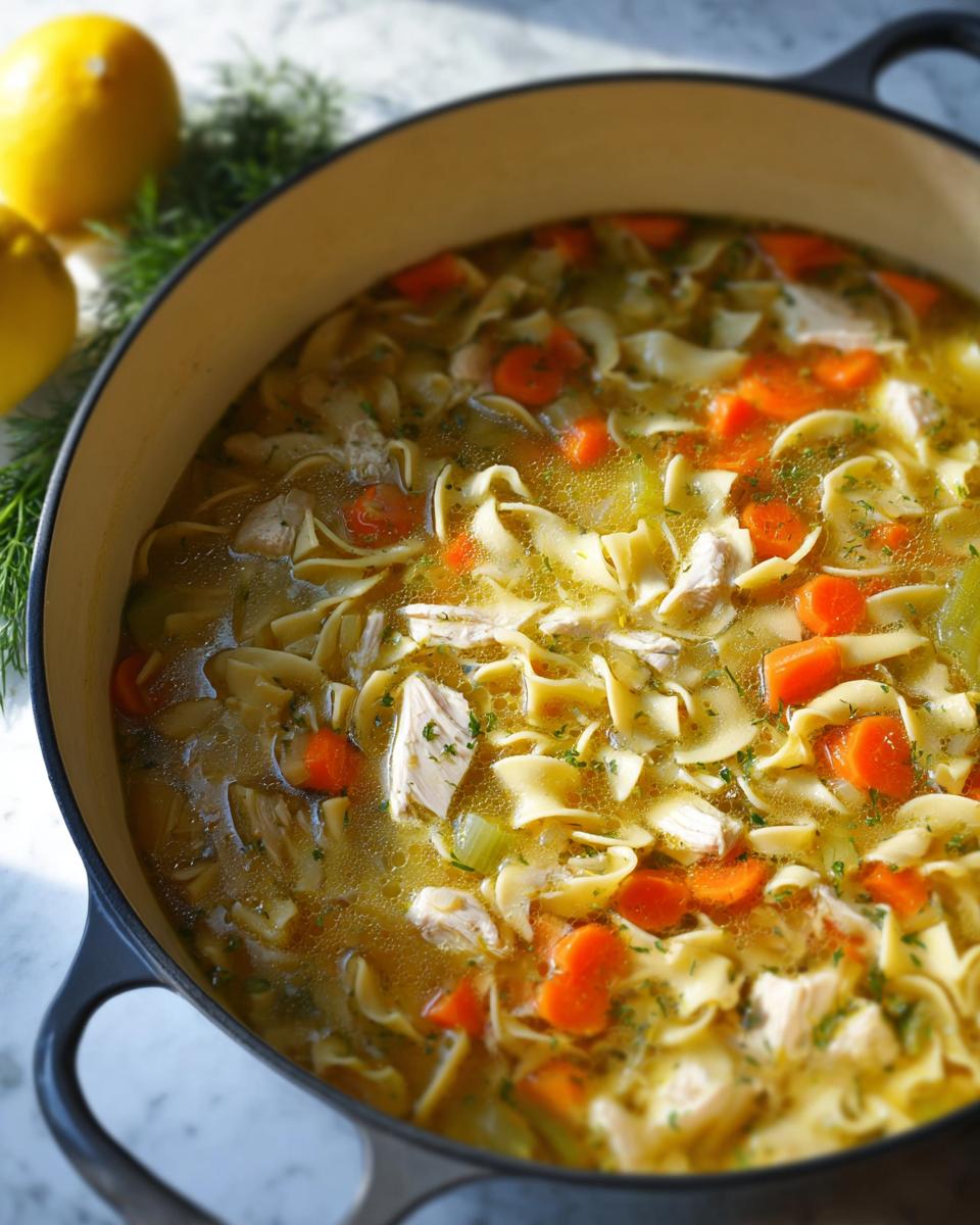 Close-up of Classic Homestyle Chicken Noodle Soup filled with egg noodles, carrots, chicken, and broth in a black pot.