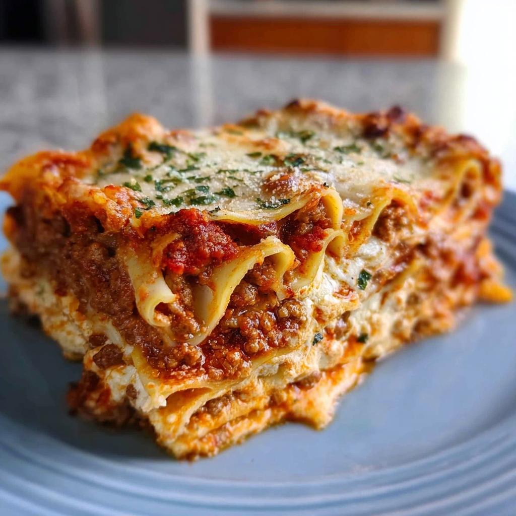 A thick, layered slice of Classic Meat and Cheese Baked Lasagna topped with melted cheese and parsley.