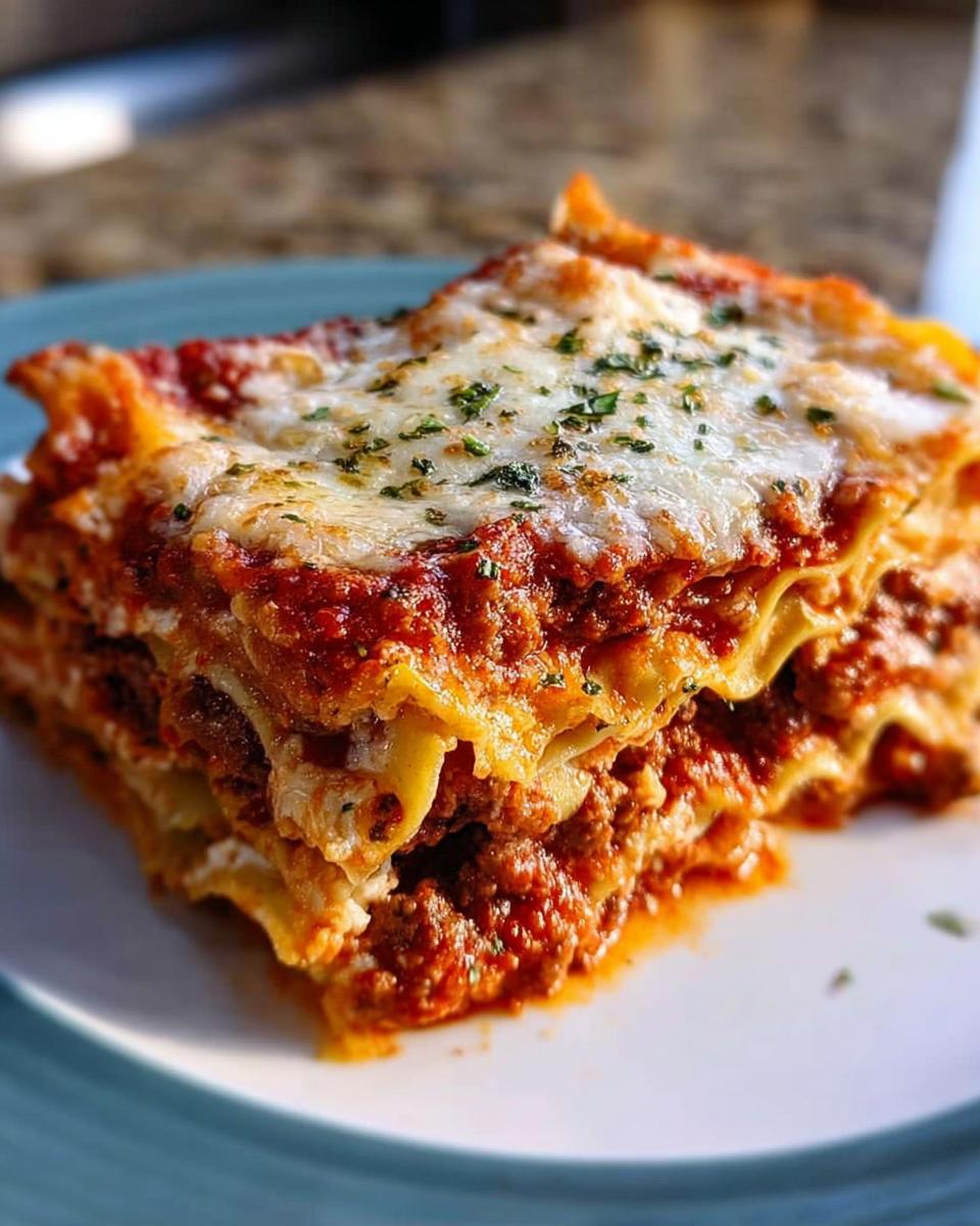 A thick, layered slice of Classic Meat and Cheese Baked Lasagna topped with melted mozzarella and parsley.