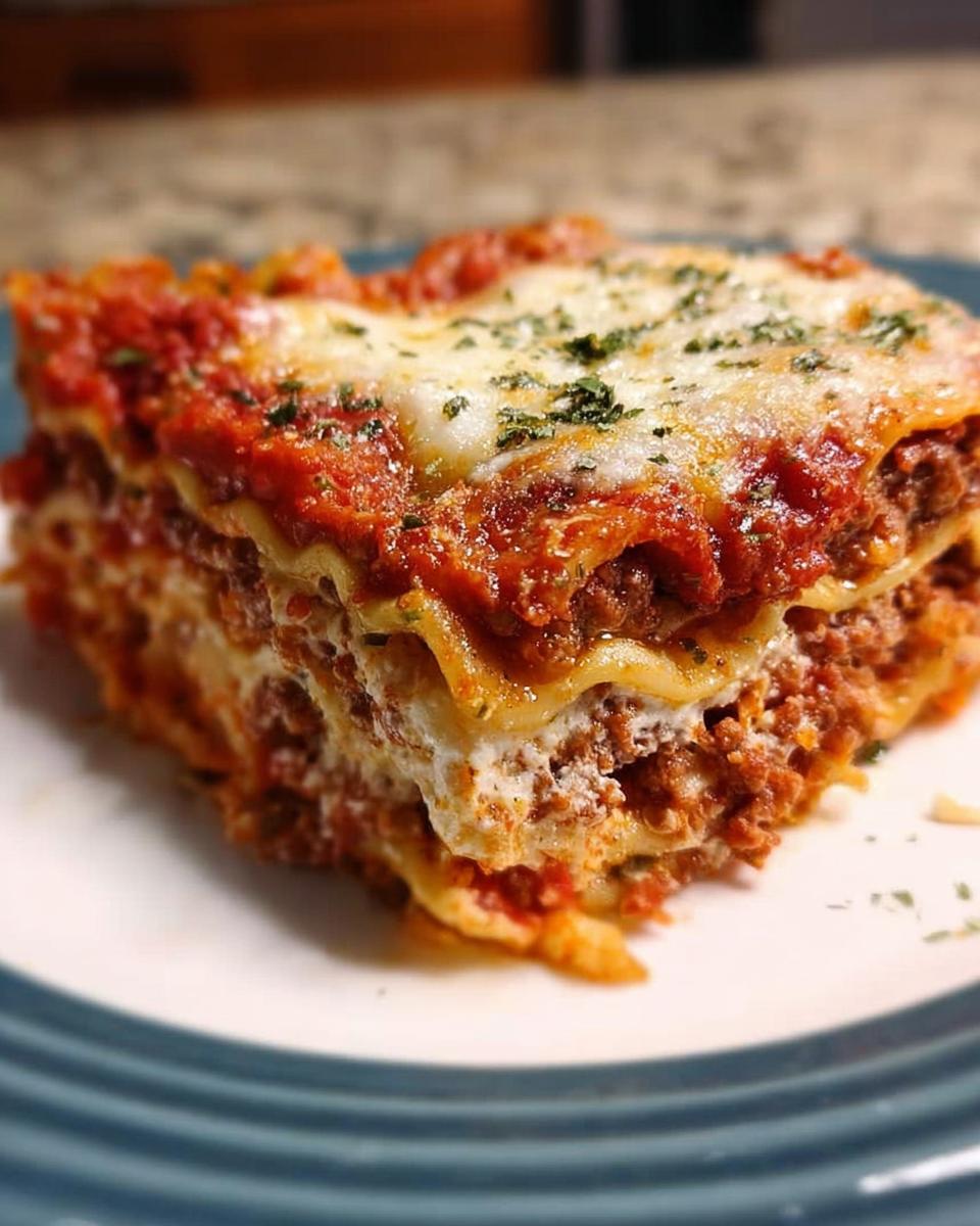 Close-up of a perfectly layered slice of Classic Meat and Cheese Baked Lasagna with melted cheese and herbs.