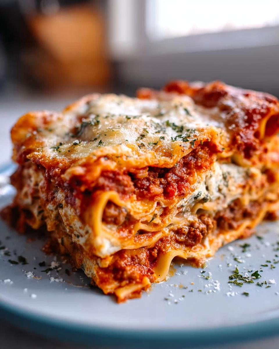 Close-up of a thick slice of Classic Meat and Cheese Baked Lasagna with rich meat sauce and melted cheese.