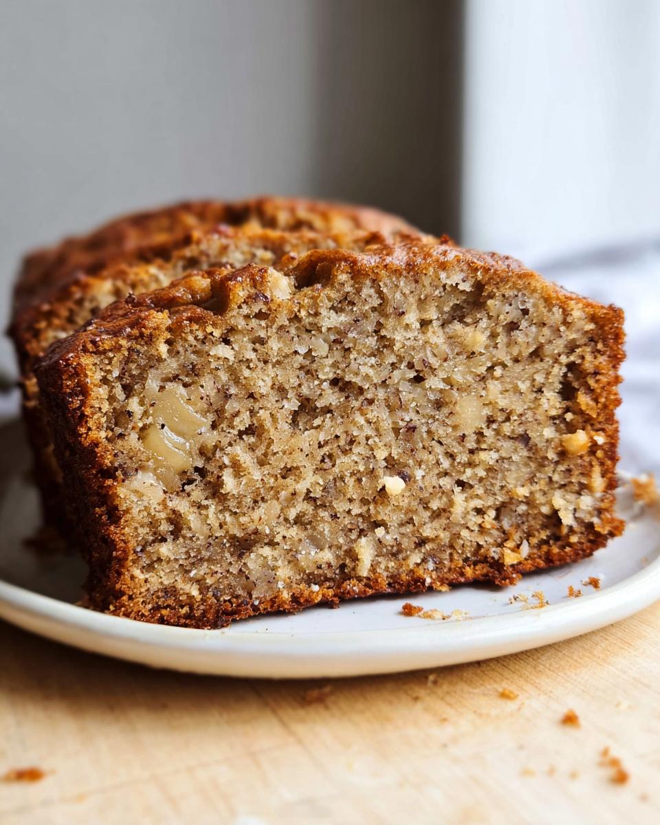 Close-up of a thick slice showing the moist, textured crumb of Classic Moist Banana Bread.