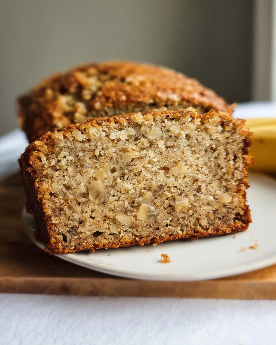 Close-up of a thick slice showing the moist crumb and walnuts in the Classic Moist Banana Bread.