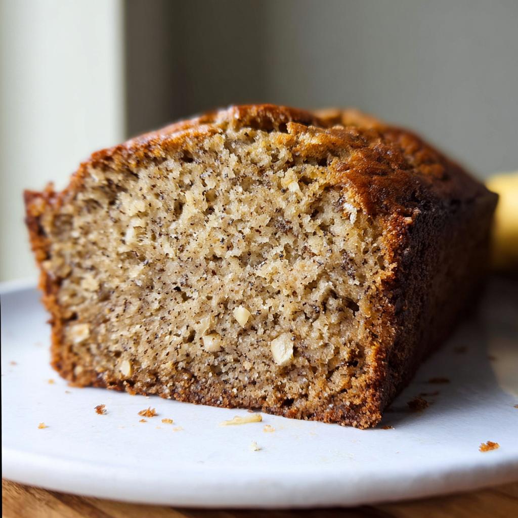 Close-up of a thick slice of Classic Moist Banana Bread showing its dense, speckled crumb and nuts.