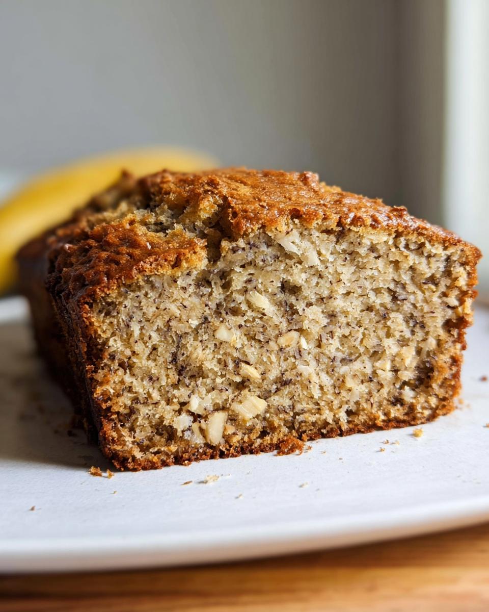 Close-up of a slice showing the moist, dense crumb of Classic Moist Banana Bread with visible banana flecks and nuts.