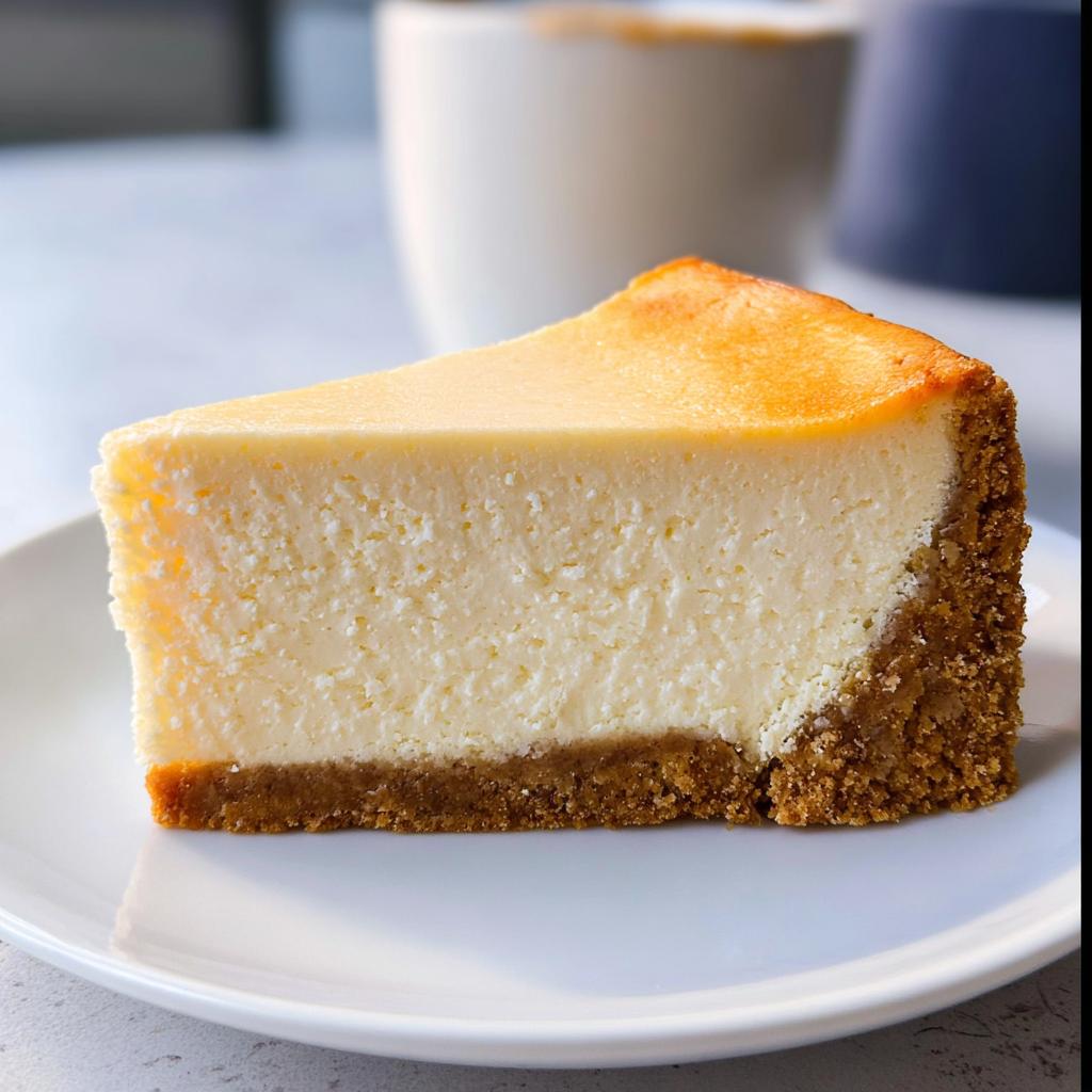 A perfect slice of Classic New York Baked Cheesecake with a thick graham cracker crust, served on a white plate.
