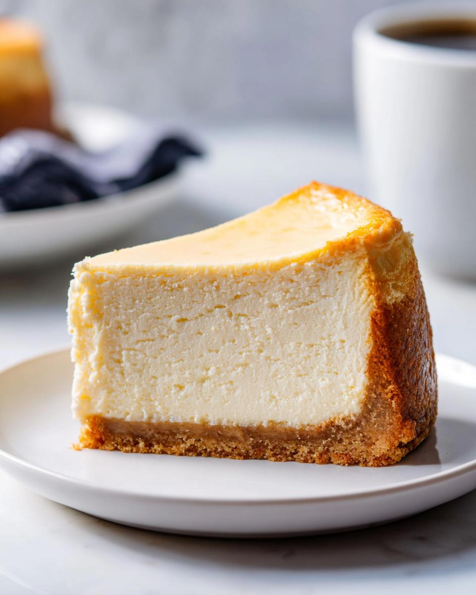 A perfect slice of Classic New York Baked Cheesecake with a golden brown crust and creamy filling, served on a white plate.