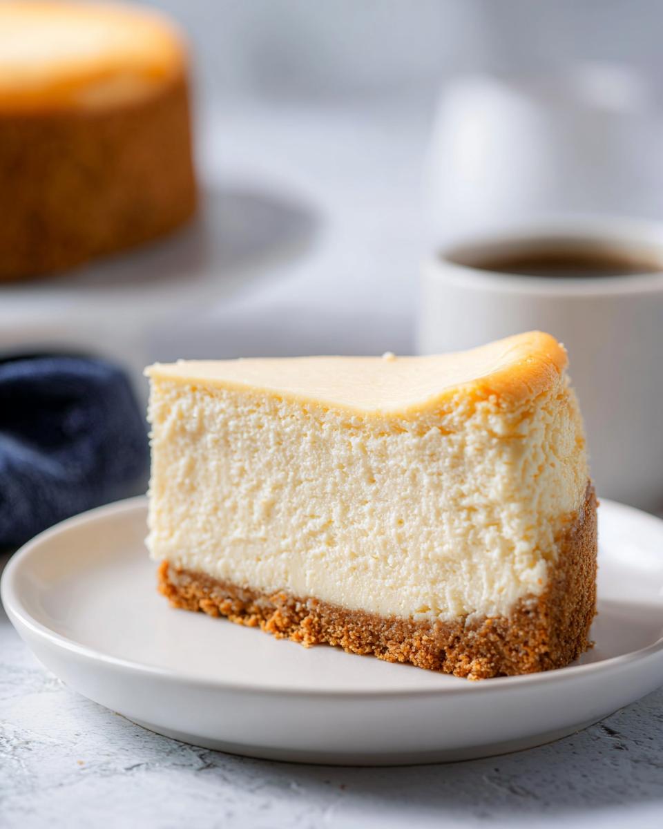 A perfectly baked slice of Classic New York Baked Cheesecake with a thick graham cracker crust, served on a white plate.