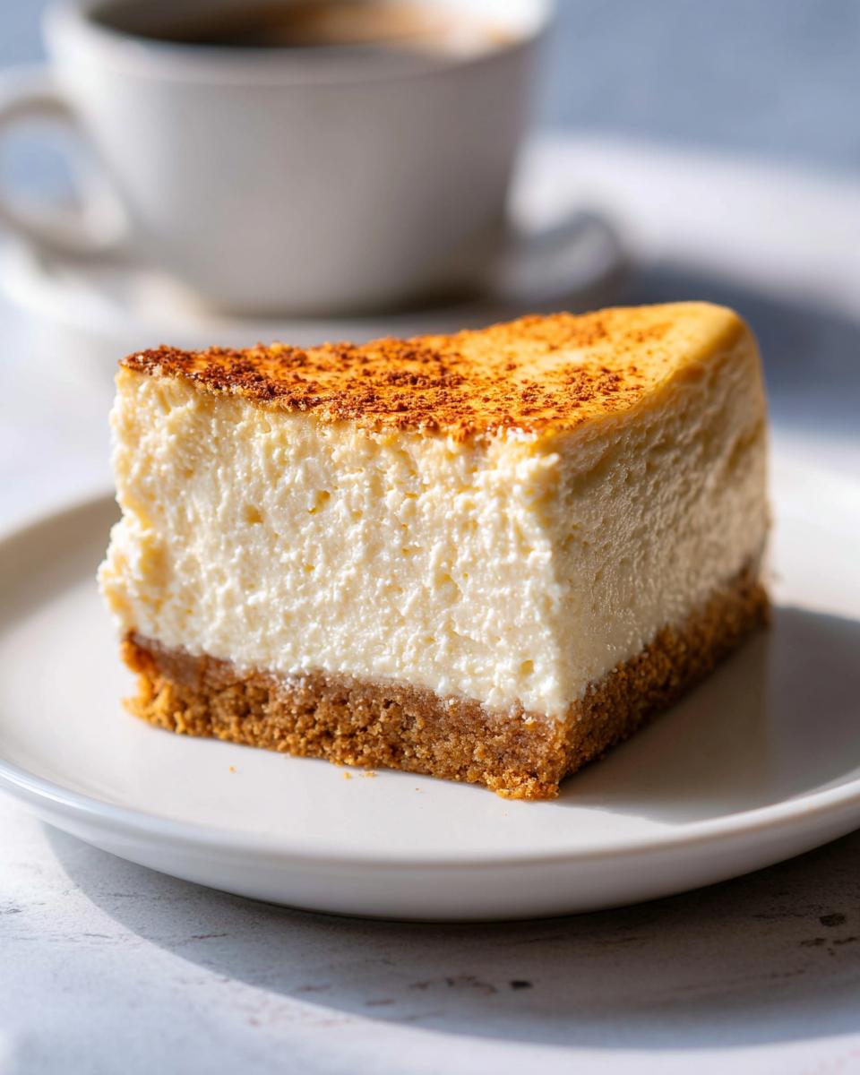 A thick slice of Classic New York Baked Cheesecake with a graham cracker crust, dusted with cinnamon.