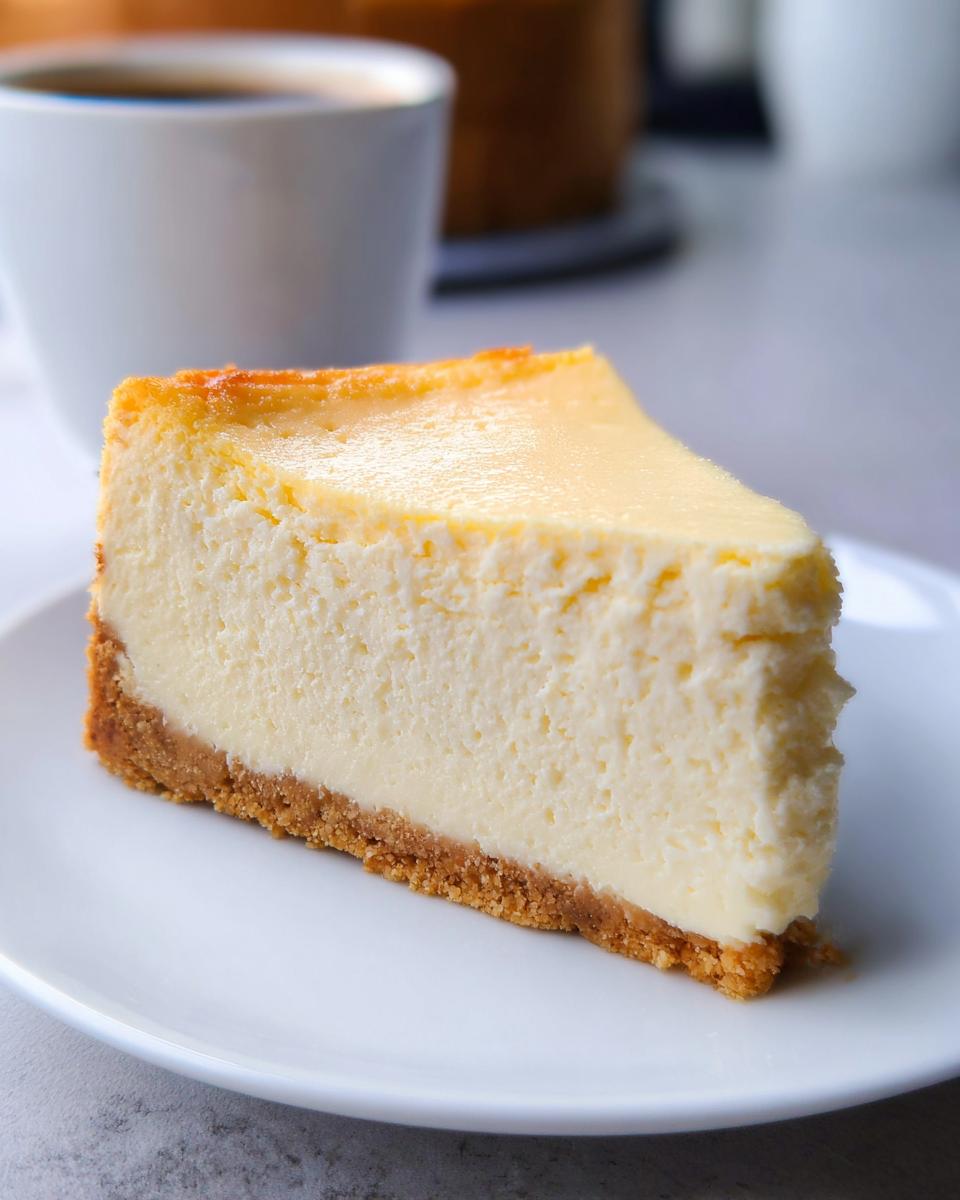 A close-up of a thick slice of Classic New York Baked Cheesecake with a graham cracker crust, served on a white plate.