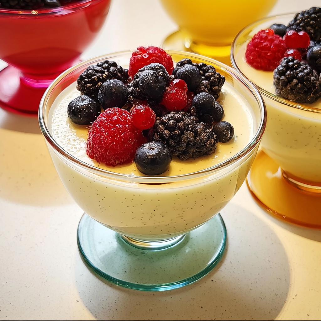 Close-up of Classic Vanilla Bean Panna Cotta topped generously with fresh raspberries, blueberries, and blackberries.
