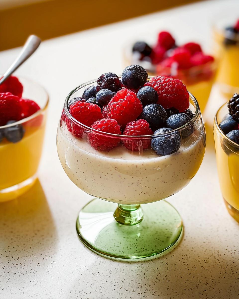 A serving of Classic Vanilla Bean Panna Cotta topped generously with fresh raspberries and blueberries in a stemmed glass.