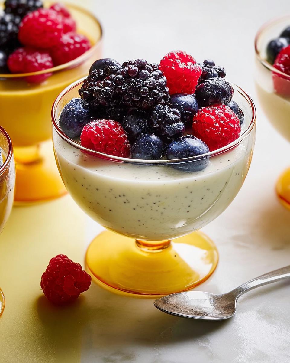Close-up of Classic Vanilla Bean Panna Cotta topped with fresh raspberries, blueberries, and blackberries in a glass dish.