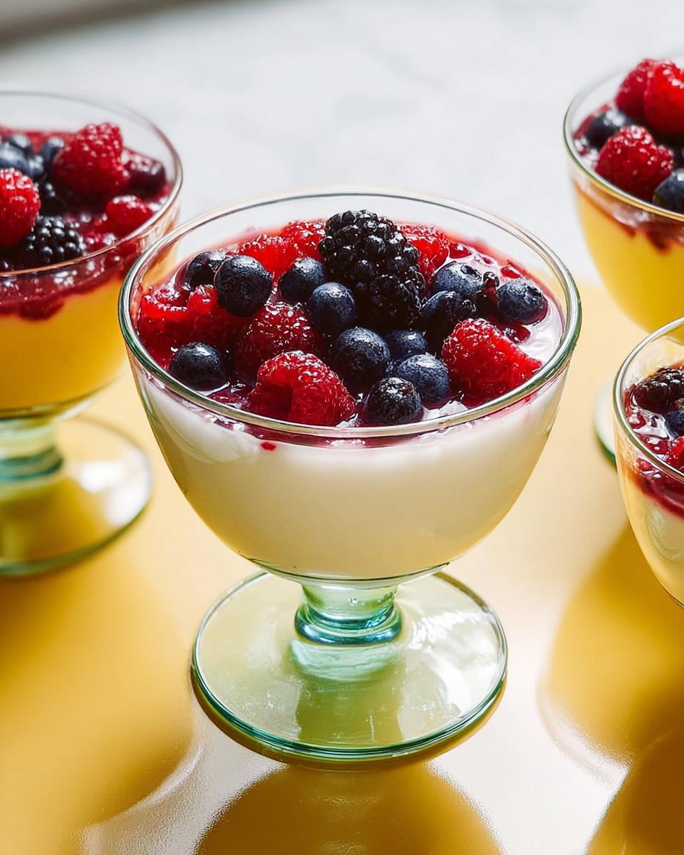 Close-up of Classic Vanilla Bean Panna Cotta topped generously with fresh mixed berries and berry sauce.