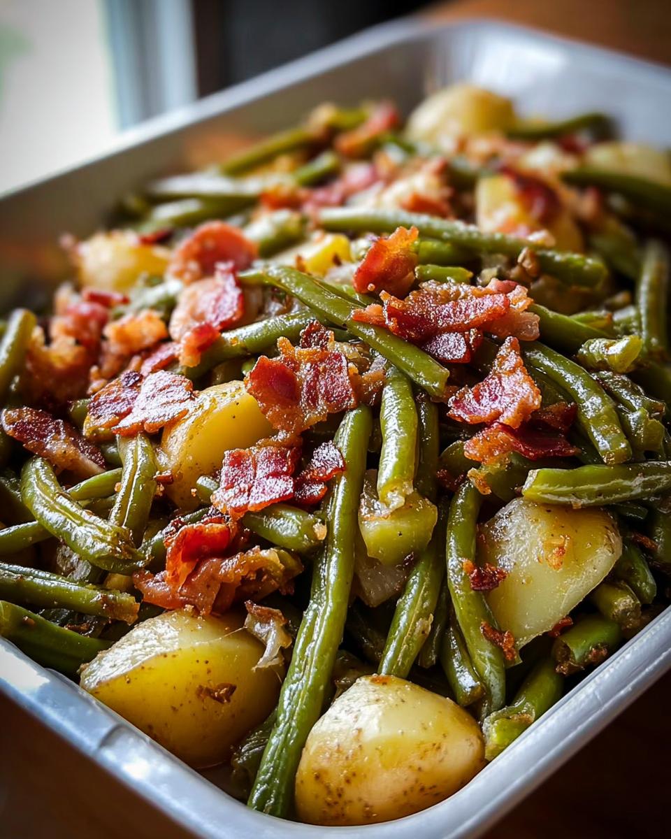 Close-up of Country Ranch Green Beans and Potatoes with Bacon in a serving dish.