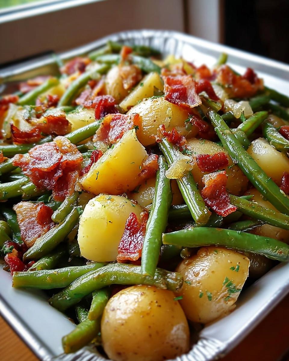 Close-up of Country Ranch Green Beans and Potatoes with Bacon, featuring bright green beans and yellow potatoes mixed with crispy bacon bits.