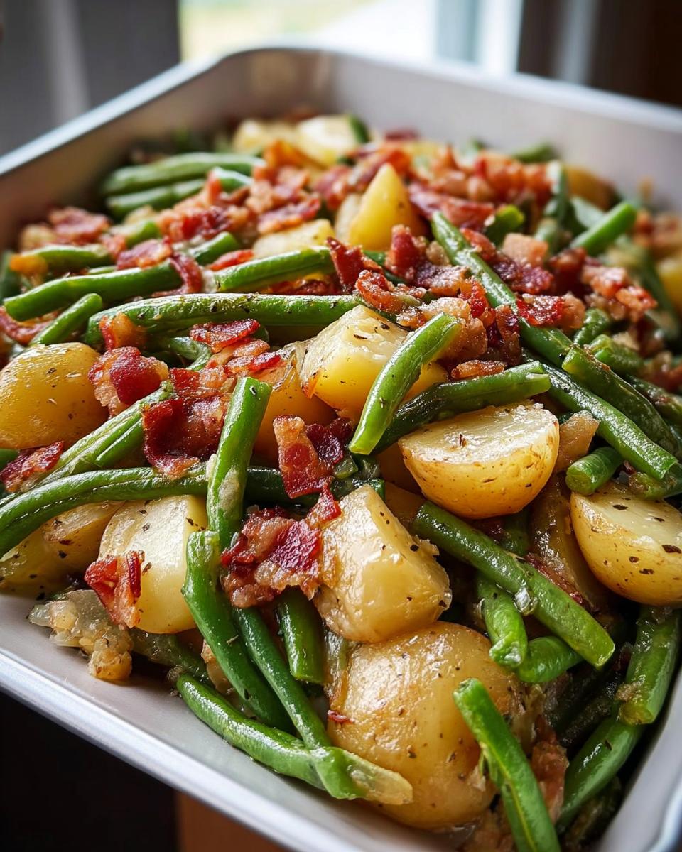 Close-up of Country Ranch Green Beans and Potatoes with Bacon topping in a white serving dish.