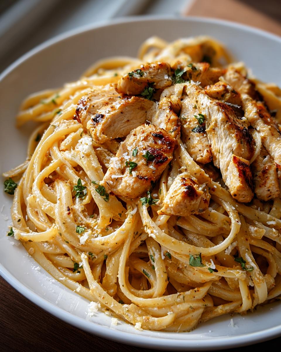 A close-up of Cowboy Butter Chicken Linguine featuring grilled chicken slices over creamy linguine pasta, garnished with parsley.