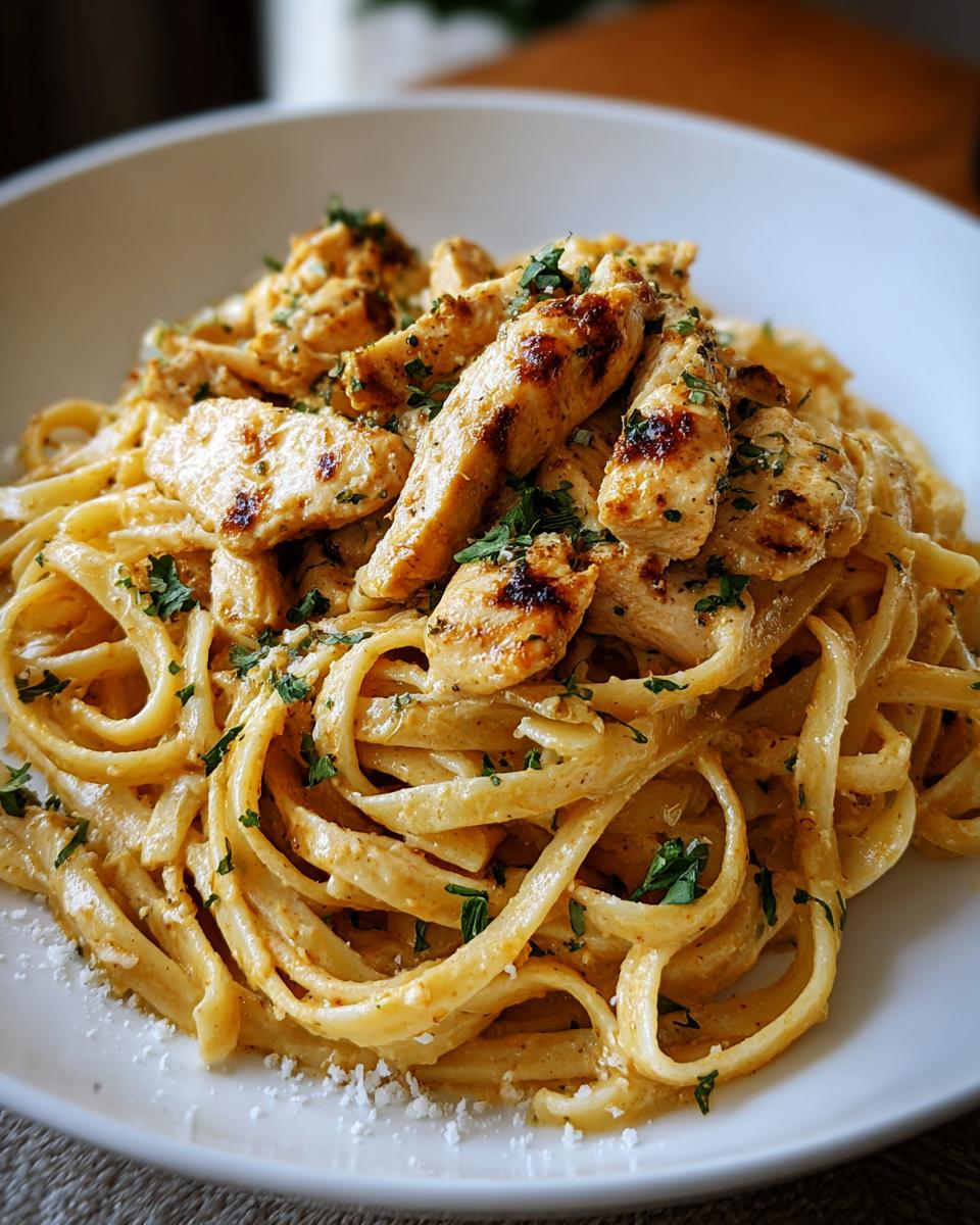 Close-up of creamy Cowboy Butter Chicken Linguine topped with grilled chicken strips and fresh parsley.