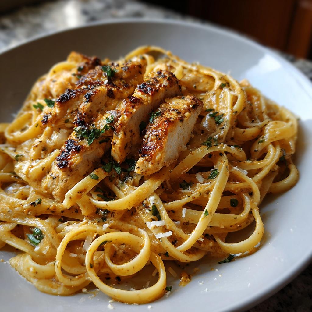 A close-up of Cowboy Butter Chicken Linguine tossed in a creamy sauce, topped with sliced, seasoned chicken breast.