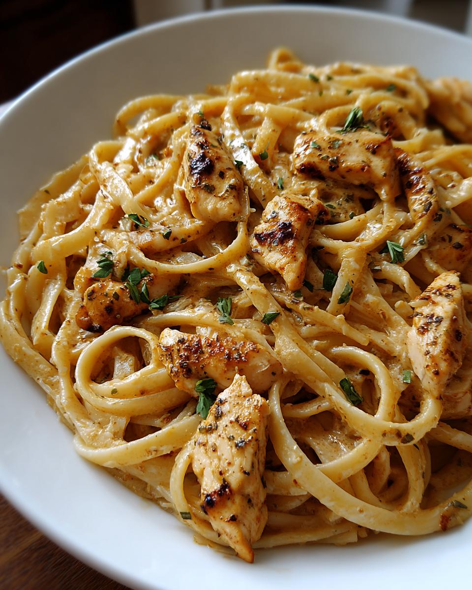 Close-up of Cowboy Butter Chicken Linguine tossed in a creamy sauce, topped with grilled chicken pieces and parsley.