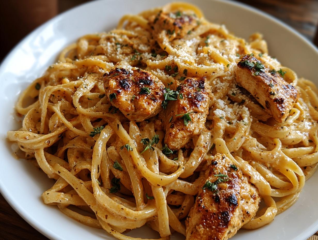 Close-up of creamy Cowboy Butter Chicken Linguine topped with grilled chicken pieces and grated cheese.