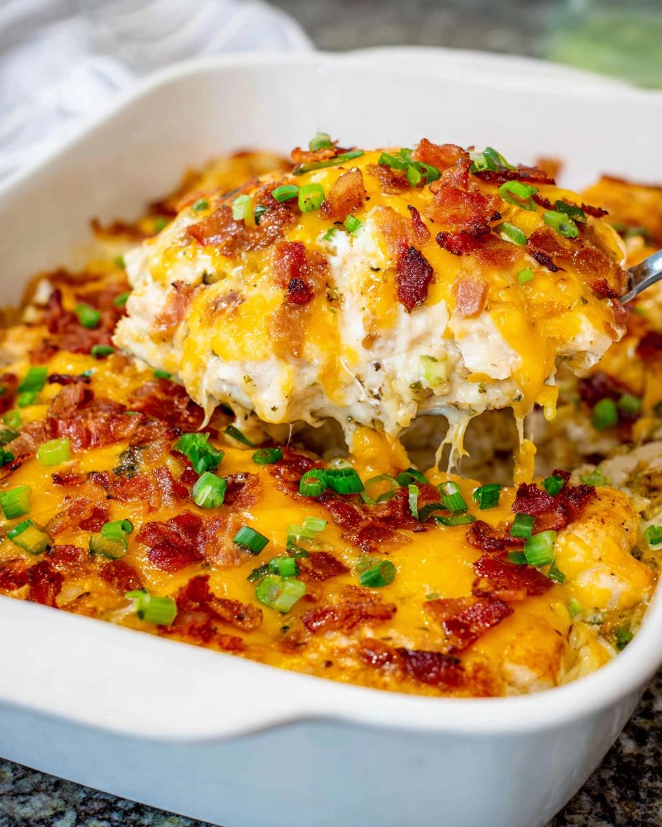 A spoonful of creamy Crack Chicken Casserole Bake being lifted from a white baking dish, topped with melted cheddar and bacon.