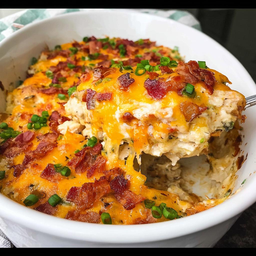 A spoonful of creamy Crack Chicken Casserole Bake topped with melted cheddar cheese, bacon, and green onions.