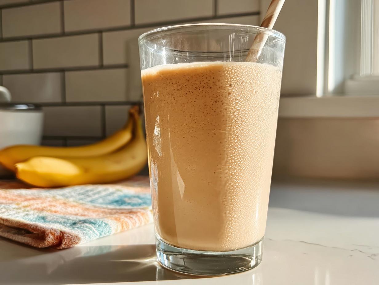 A tall glass filled with a creamy, light brown banana smoothie, with bananas visible in the background.