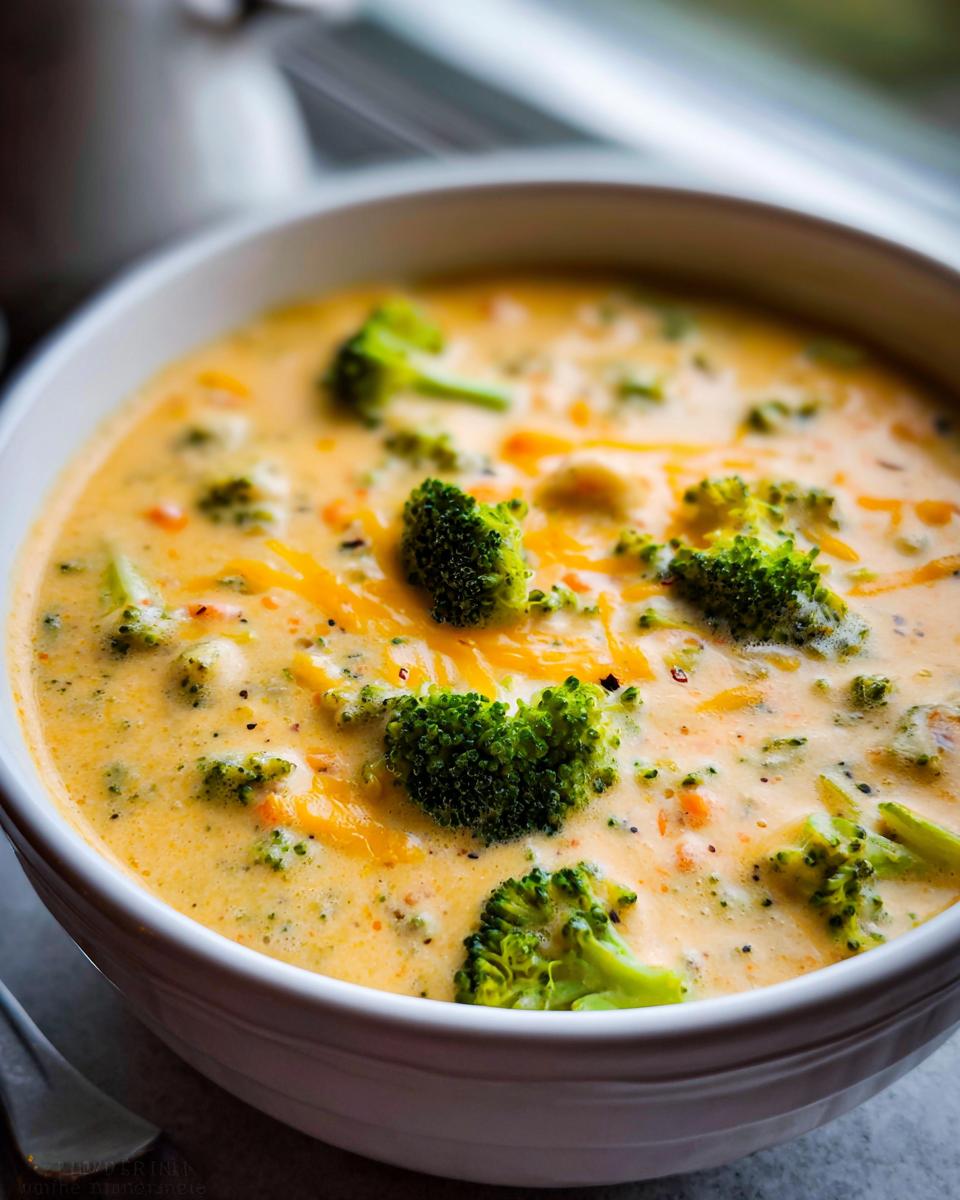 A close-up view of a white bowl filled with rich, orange-yellow Creamy Broccoli Cheddar Soup topped with fresh broccoli florets and shredded cheese.