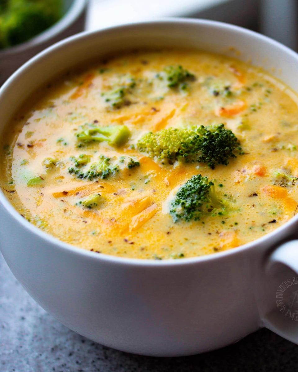 A close-up shot of rich, yellow Creamy Broccoli Cheddar Soup topped with bright green broccoli florets and shredded carrots.