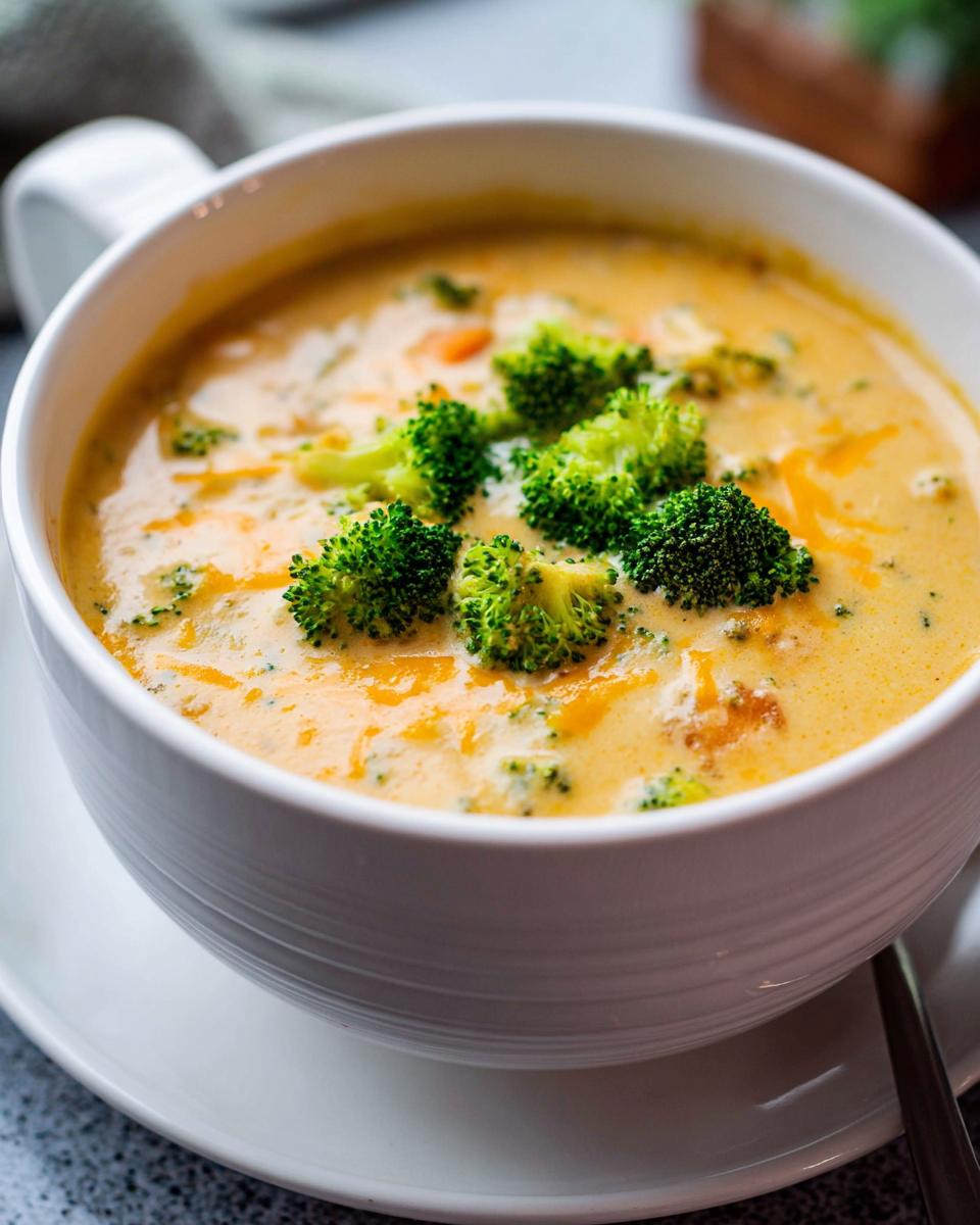Close-up of a white mug filled with rich, orange Creamy Broccoli Cheddar Soup, topped with fresh broccoli florets.