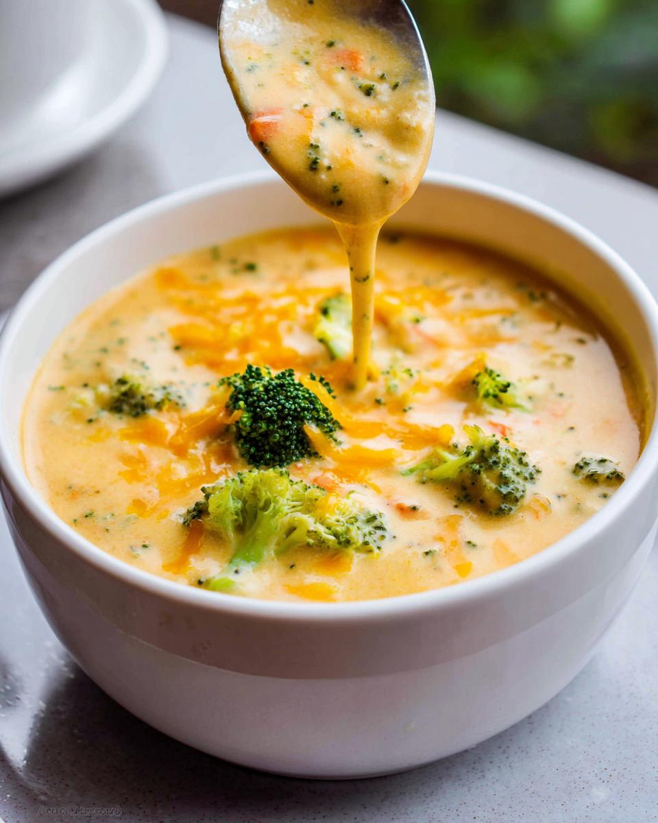 A spoonful of thick, orange Creamy Broccoli Cheddar Soup is being poured back into a white bowl filled with soup, broccoli, and melted cheese.