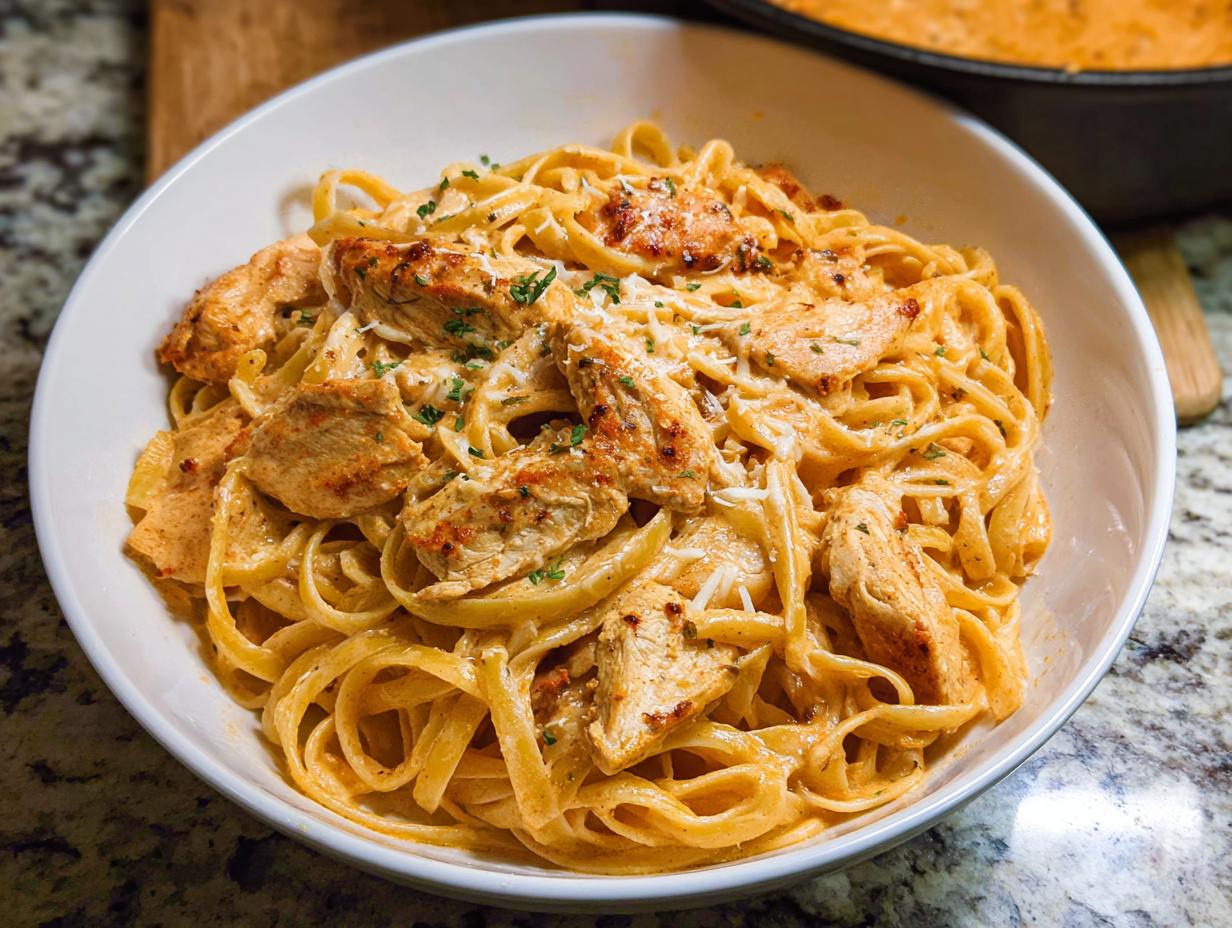A white bowl filled with rich Creamy Cajun Chicken Pasta featuring fettuccine and seasoned chicken pieces.