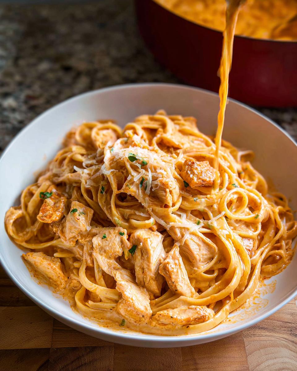 A bowl filled with Creamy Cajun Chicken Pasta, as extra sauce is poured over the top from a red pot.
