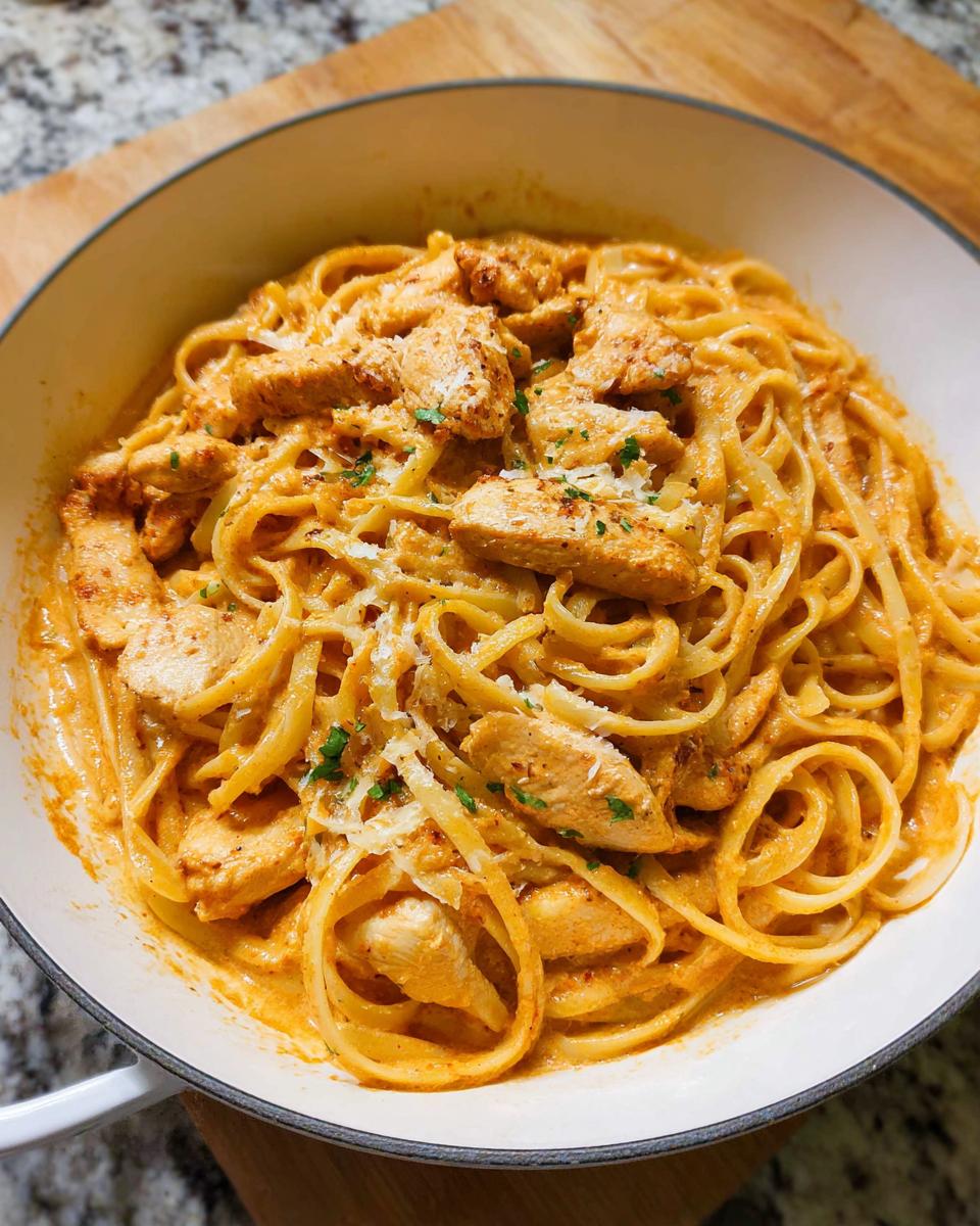 Close-up of Creamy Cajun Chicken Pasta featuring fettuccine coated in a rich orange sauce with sliced chicken breast and grated Parmesan.