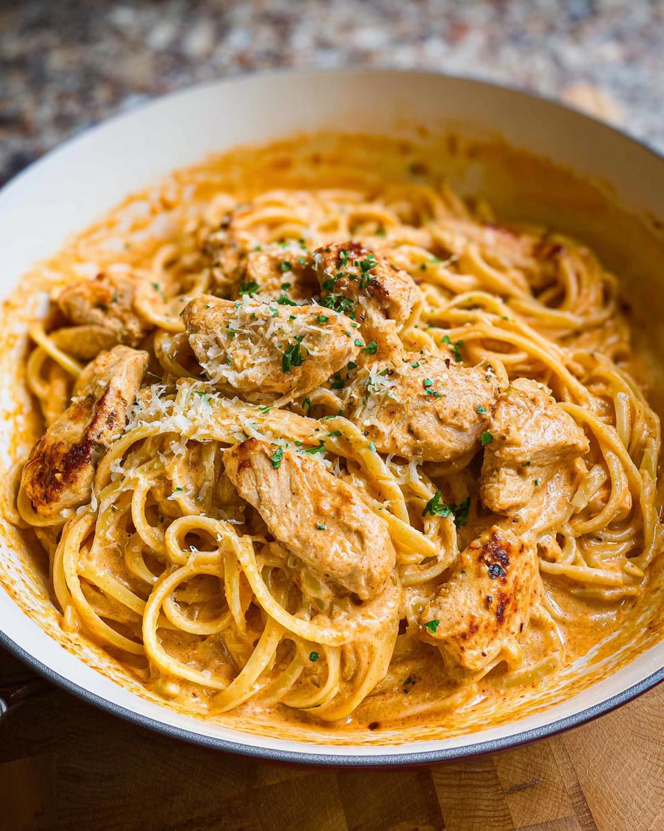 Close-up view of Creamy Cajun Chicken Pasta with linguine noodles, seasoned chicken pieces, and grated Parmesan cheese.