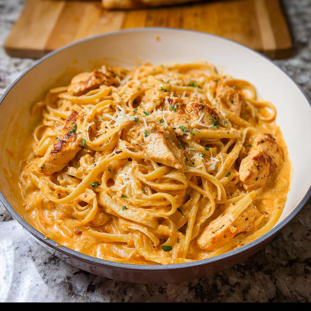 A close-up of rich, orange-hued Creamy Cajun Chicken Pasta with fettuccine noodles and seared chicken pieces.
