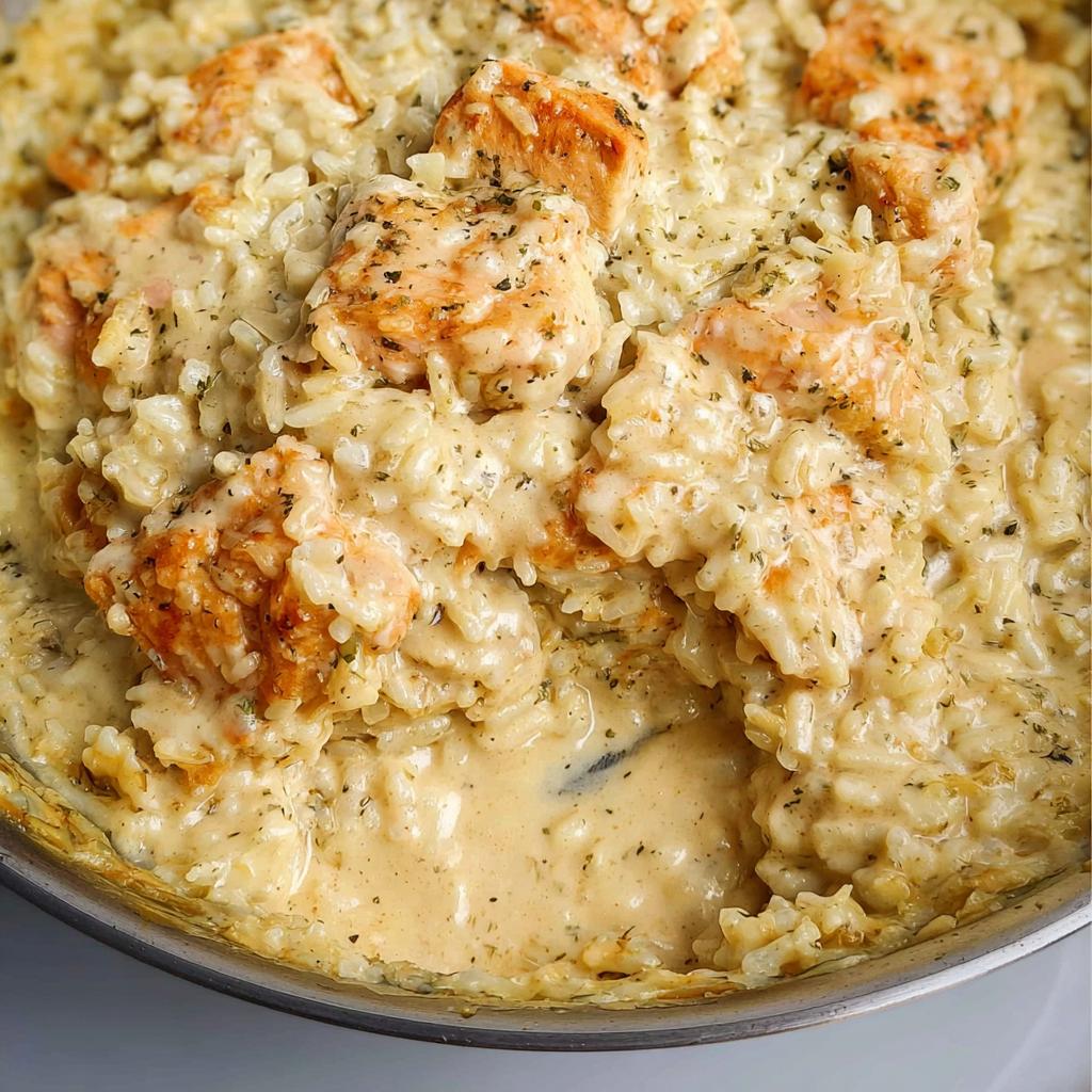 A close-up, top-down view of rich, creamy chicken and rice skillet, featuring chunks of golden chicken in a thick sauce.