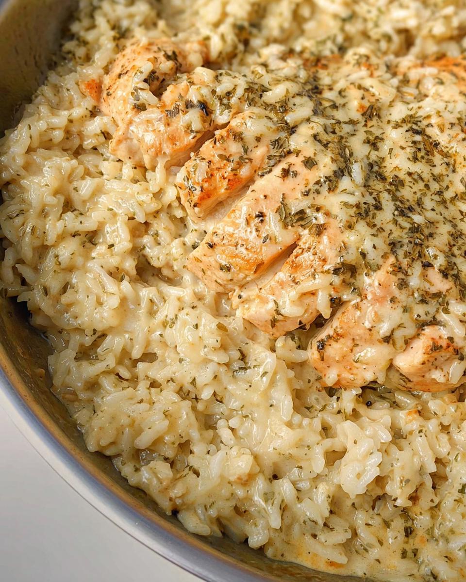 Close-up of sliced chicken breast topped with herbs over creamy rice in a skillet, featuring the Creamy Chicken and Rice Skillet.