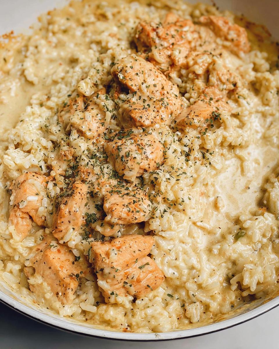 Close-up of tender chicken pieces served over creamy rice, seasoned with herbs in a skillet.