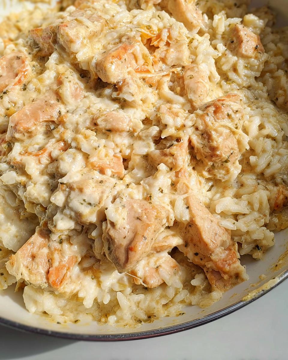 A close-up view of the rich, creamy chicken and rice skillet dish, showing chunks of seasoned chicken mixed with white rice in a savory sauce.