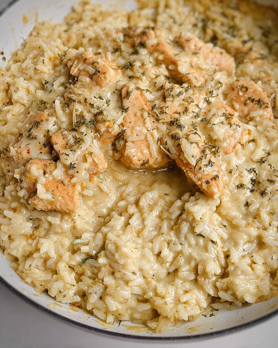 Close-up of tender chicken pieces mixed into rich, creamy rice, seasoned with herbs in a skillet.